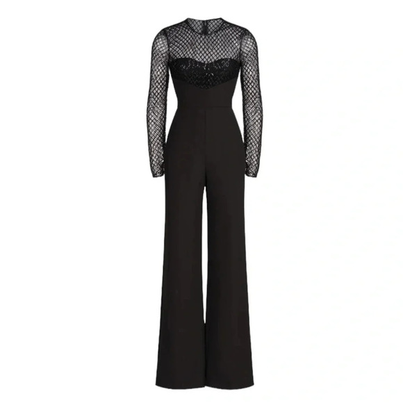 Halston Jac Sequin Illusion Neck Crepe Wide Leg Jumpsuit Black Size 2 NWT - Picture 2 of 15